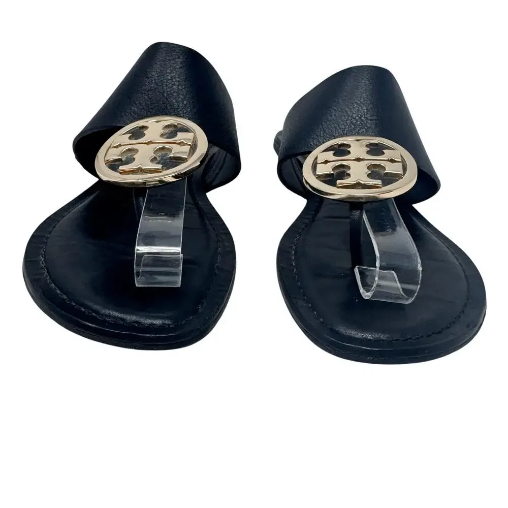 Tory Burch Benton Band Black Leather Logo Medallion Sandals 8